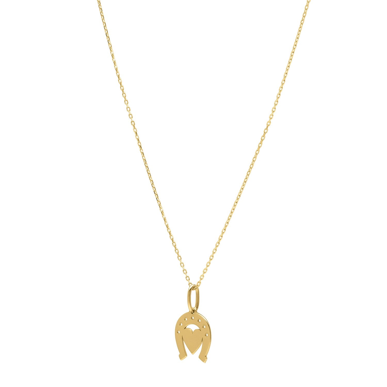 Heart and Horse Necklace in 14K Yellow Gold in a sleek high-contrast midnight luxury editorial style